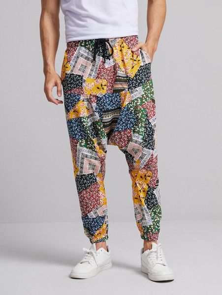 

men patchwork print drawstring waist pants 78p7#, Black