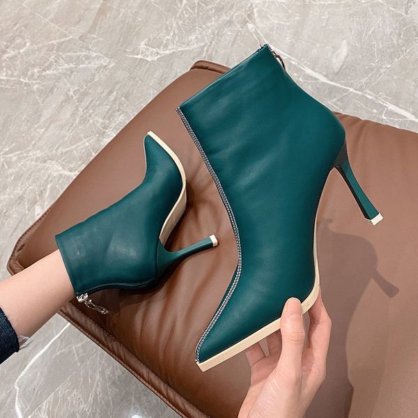 

2020 fashion ins short boots woman high heeled ankle boot women autumn shoes pointed toe female footware back zipper black green c0202