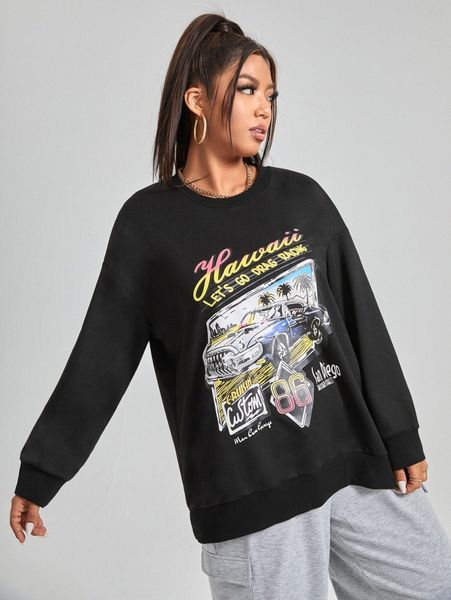 

plus letter & car print sweatshirt e37a#, Black