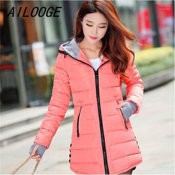 

ailooge women winter hooded warm coat slim plus size candy color cotton padded basic jacket female medium-long jaqueta feminina1, Black;brown