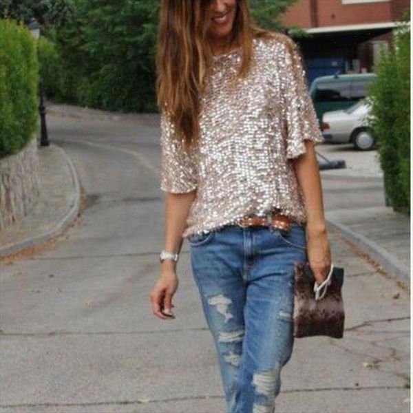 

women summer shirts shiny causal sequin tank three quarter sleeve blouse bling vest femme, White