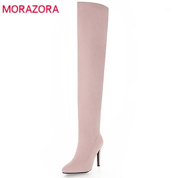 

boots morazora 2021 thigh high zipper simple autumn winter women pointed toe flock long heels shoes1, Black