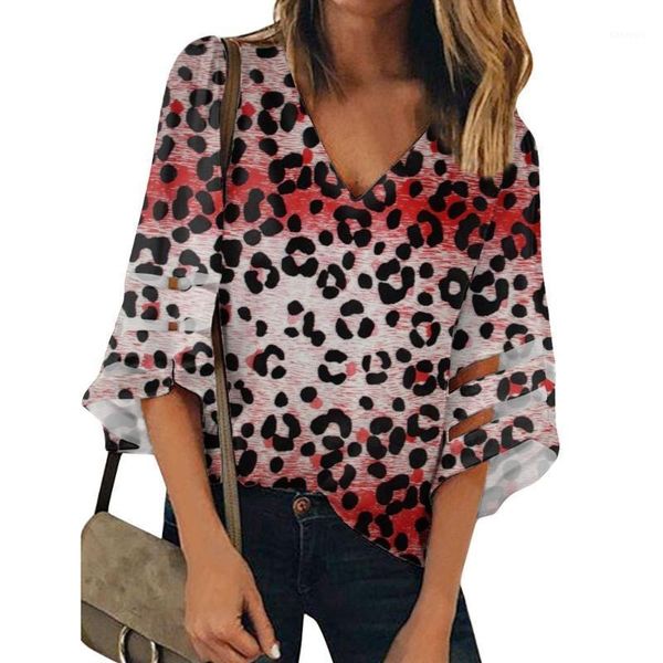 

leopard wild animal stripes printing women casual chiffon blouses black deep v-neck mesh panel loose girls shirts custom1, White