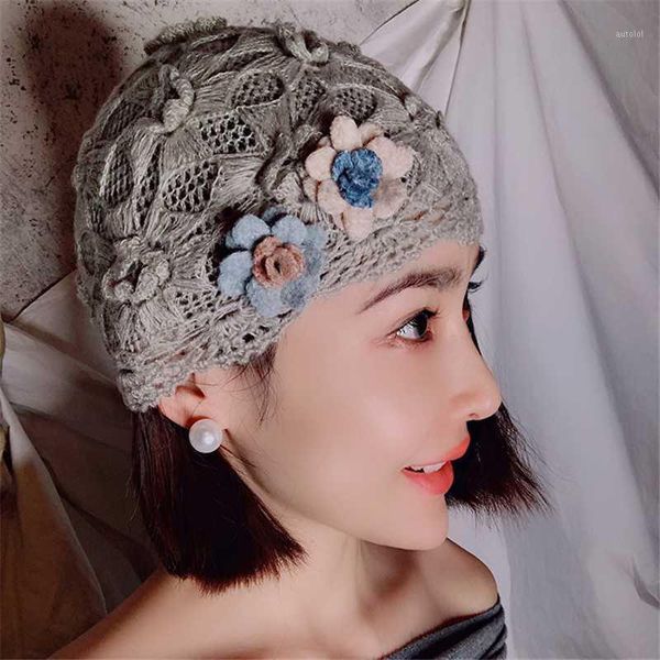 

knitting hat women lace berets new winter outdoors hat female casual flower cap gray warm sweet girl hollow hats1, Blue;gray