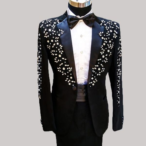 

luxury mens embroidery beading wedding tuxedos peaked lapel men designer jacket formal party prom wear (jacket+pants), Black;gray