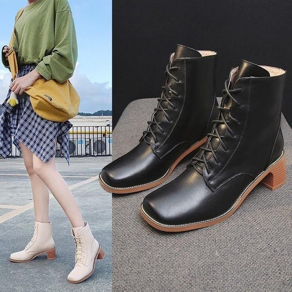 

2020 autumn black leather boots new boots female thick block high heels lace up short ankle for women shoes woman
