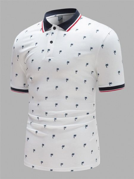 

men palm tree print contrast tape polo shirt k9z4#, White;black