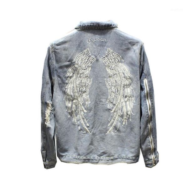 

men's jackets fashion brand casual embroidery wing man vintage denim jacket selvedge streetwear harajuku punk motorcycle jean washed de, Black;brown