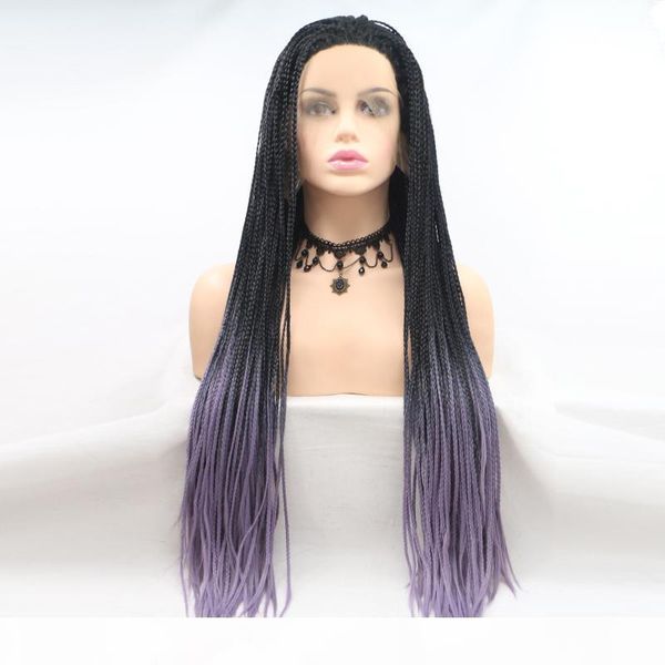 

braided box braids wig black roots ombre purple heat resistant glueless micro braid synthetic lace front wig for black women baby hairs, Black;brown