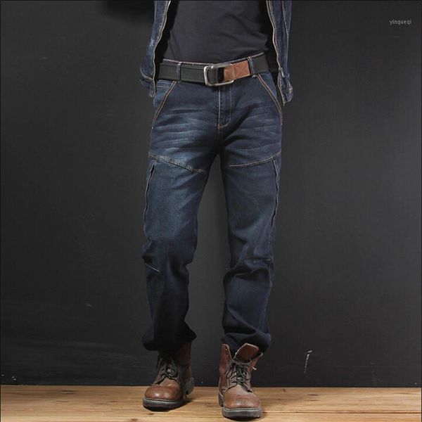 

men cargo jeans multi-pockets elastic plus size jeans spring autumn casual men' denim pants cotton baggy trousers a32631, Blue