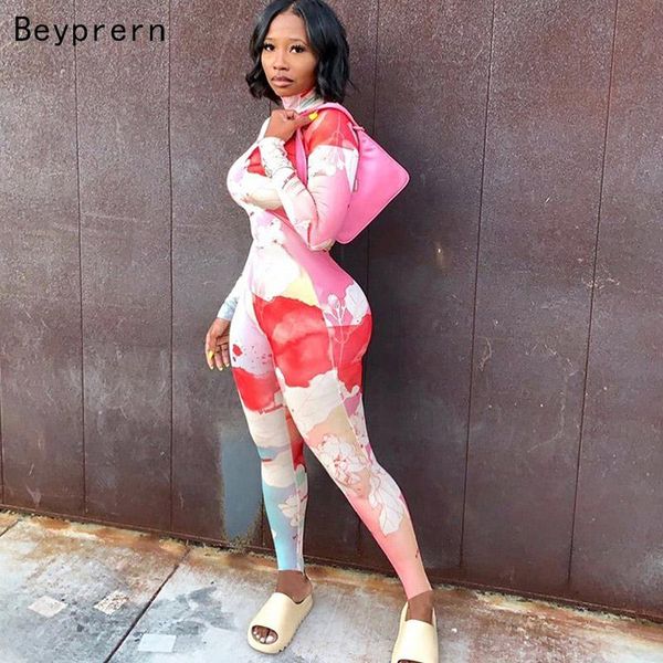 

beyprern fashion tie dye print bodycon rompers womens jumpsuit long sleeve fashion fitness sporty workout jumpsuits active wear, Black;white