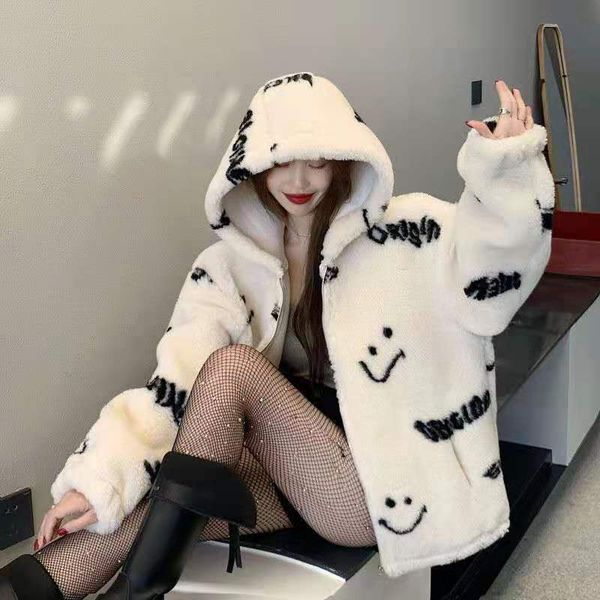 

ins autumn/winter 2020 new smile-face print imitation fur pellet lamb down coat s-2xl, Black;brown