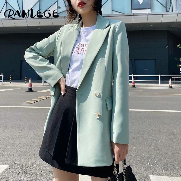

ranlege casual double breasted office wear blazer women notched neck long sleeve coat outerwear pockets solid jacket lady1, White;black