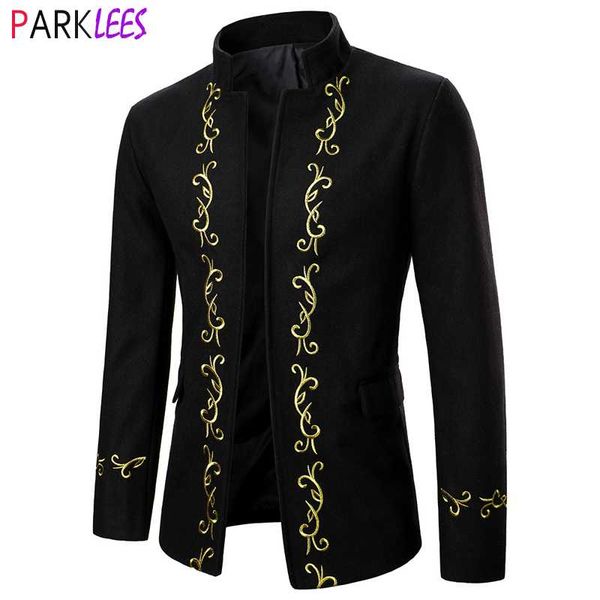 

men's suits & blazers golden embroidery woolen blazer jacket men brand stand collar cardigan mens slim fit casual party dinner costume, White;black
