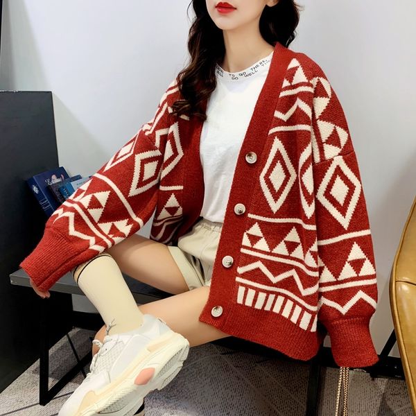 

foreign style geometric diamond knitted cardigan women's diamond sweater spring autumn new style thickened lazy and loose wear medium a, White;black