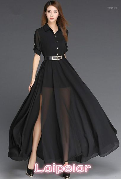 

woman dress chiffon black and white long dress korea style fashion robe femme side slit maxi women with belt vestidos1, Black;gray