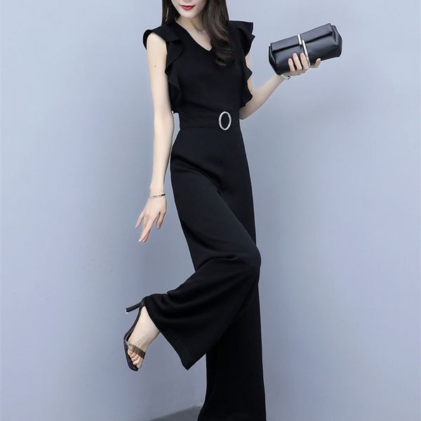 

black elegant office lady solid ruffle sleeveless rompers summer workwear women jumpsuits y200106, Black;white