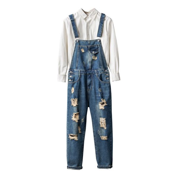 

fashionable men's denim overalls, ripped homeless pants, nine-man knit suspenders, footwear, male jeans 21yw, Blue