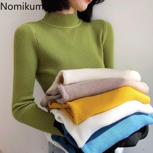 

nomikuma half turtleneck women sweater 2020 autumn winter basic knitted pullover korean solid slim fit jumpers 6b8531, White;black