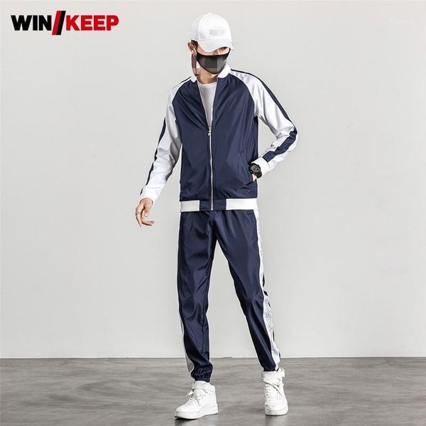 

running sets autumn winter men sportswear reflective striped preppy style sweatpants stand collar long sleeve jacket 2 piece set sports suit, Black;blue