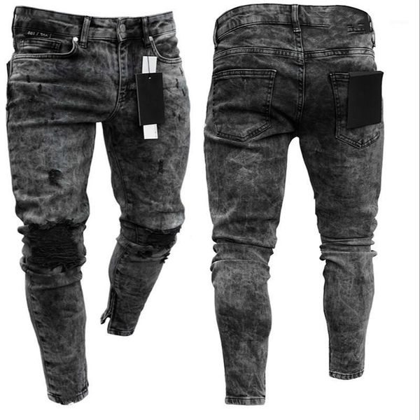 

cotton jeans men spring 2020 menclothes denim pants distressed freyed slim fit casual trousers stretch ripped jeans1, Blue