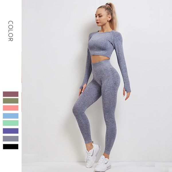 

yoga outfits women's 2 pieces set running long cleeves crop seamless high waist leggings fitness pant sports wear for gym workout, White;red
