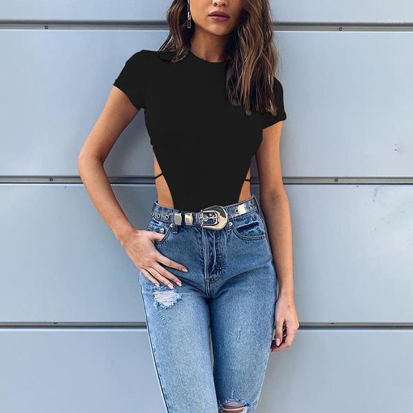 

backless straps jumpsuit simple solid color round neck short sleeve slim shirt 2020 new dropshipping club1, Black;white