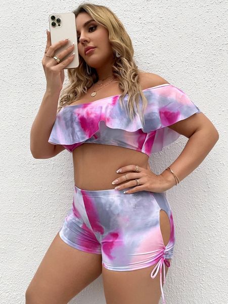 

plus tie dye ruffle shorts bikini swimsuit n6ic#, Black