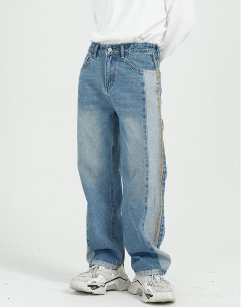 

men side splice stripe washed casual jeans 2021 loose male streetwear vintage denim pants man straight denim trousers w14811, Blue