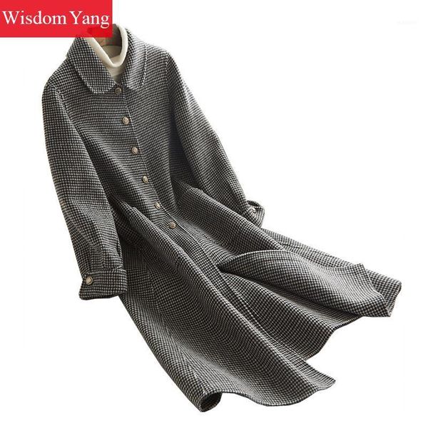 

elegant women black plaid houndstooth sheep wool coats winter warm oversize woolen womans overcoat long coat ladies outerwear1