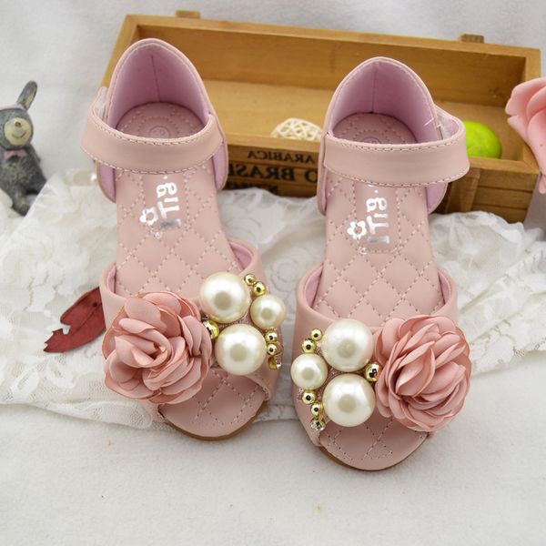 

flower beading sandals for girls genuine leather fish-mouth kids summer princess party dress shoes flat beach sandalias, Black