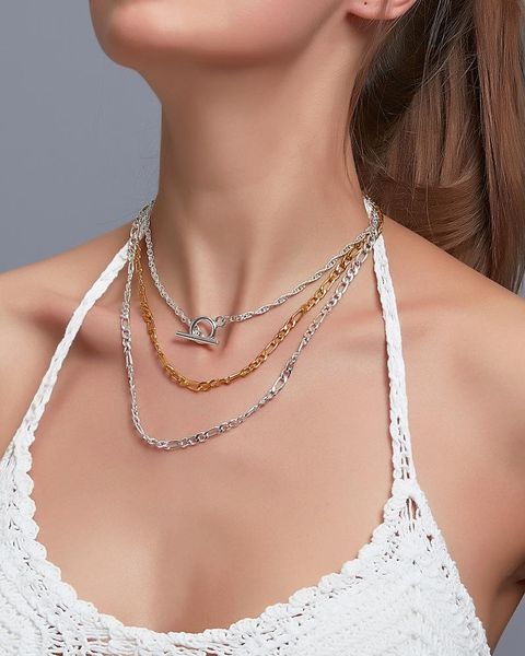 

punk metal layed twisted chain chokers necklace for women cool gold color alloy pendant necklace party jewelry birthday gift, Silver