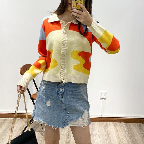 

superaen 2021 new autumn oil painting splice knit cardigan turn down collar slim full jacket sweater women, White