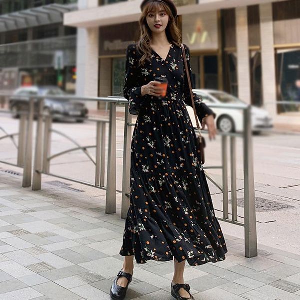 

women casual long sleeve dress spring autumn floral print dress fashion female long dresses, Black;gray