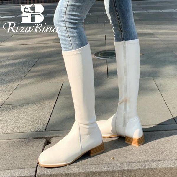 

boots rizabina women long real learher square toe winter knee high fashion shoes woman footwear size 34-39, Black