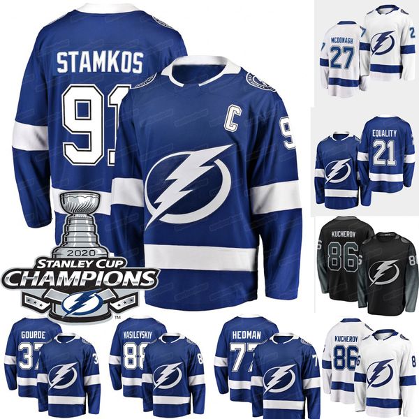 

youth tampa bay lightning 2020 stanley cup champions victor hedman nikita kucherov andrei vasilevskiy brayden point steven stamkos jersey, Black;red