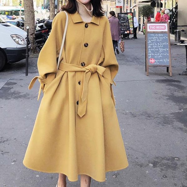 

autumn winter thick female woolen coats turn-down collar single-breasted pocket belted women blend coats 2020 women long outwear1, Black