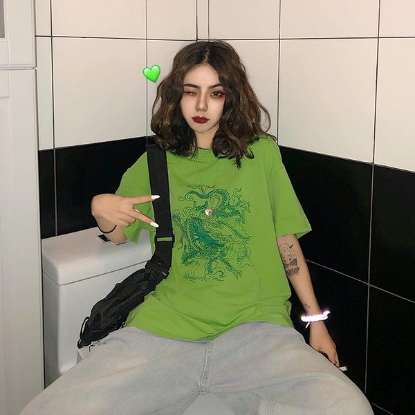 

women's t-shirt summer 2021 harajuku street bf cool green color dragon short-sleeved printed loose spot, White
