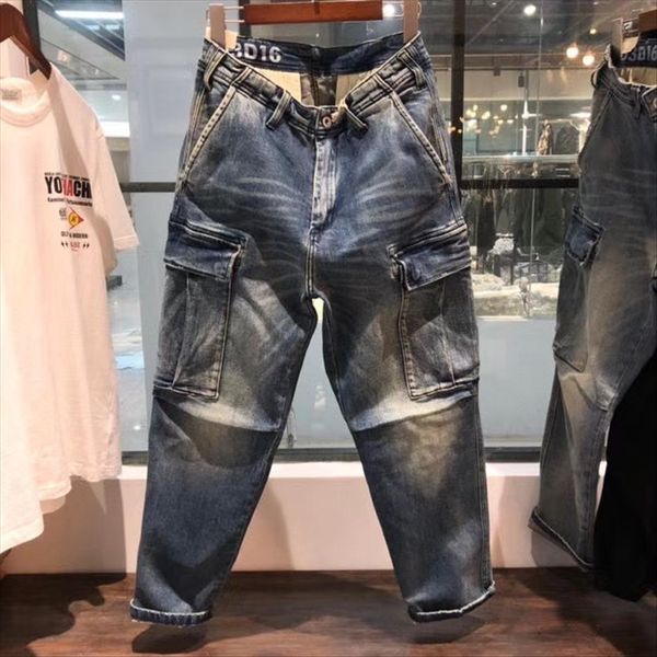 

0gh6d niuwang tannin multi pocket tooling loose jeans denim denimand fashionable casual denim pants men's fashion, Blue