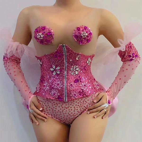 

stage wear pink rhinestones ribbon fringes bodysuit birthday celebrate prom outfit bar women singer dancer costume, Black;red