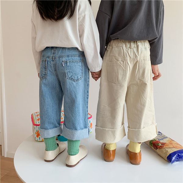 

autumn 1-7 years children casual wide leg denim pants boys girls all-match loose fringed jeans lj201203, Blue
