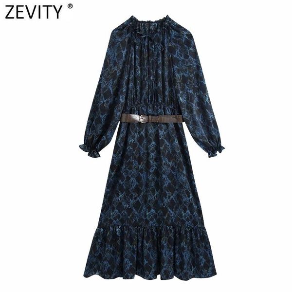 

casual dresses zevity women vintage leopard print sashes midi dress femme long sleeve pleats ruffles a line vestido chic cloth d4857, Black;gray