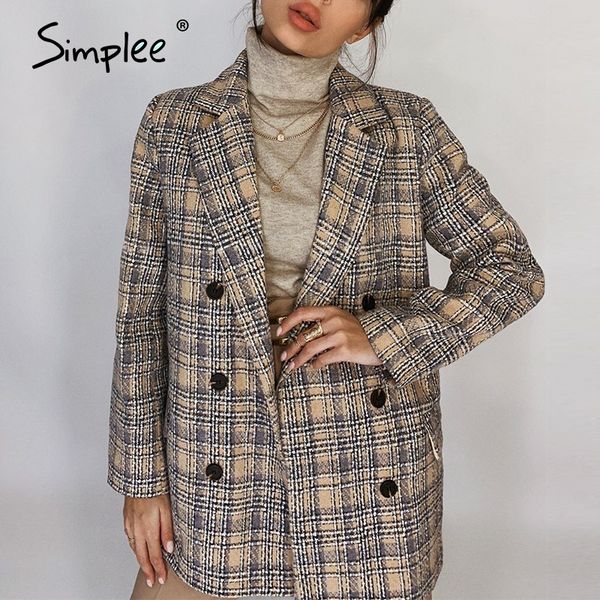 

simplee elegant autumn winter plaid women blazer coat causal long sleeve tweed coat short office ladies pocket women suit blazer lj200907, White;black