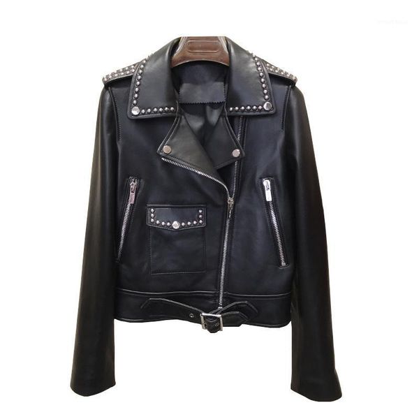 

casacos masculino women's coat spring and autumn 2020 real sheepskin coats leather jacket heavy rivet mujeres abrigos1, Black