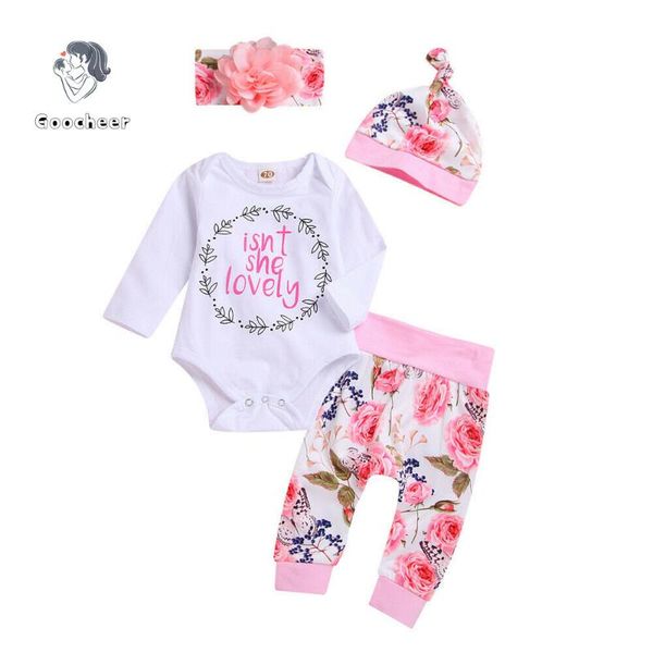 

2020 осень новорожденный baby girl одежда письмо печать с длинным рукавом комбинезона топы printed длинные брюки оголовье hat 4шт эпикировка, White