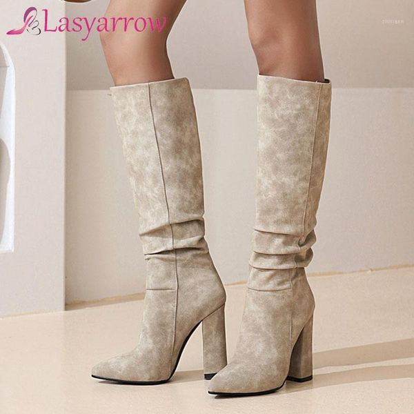 

lasyarrow new fashion female 2020 autumn boots knee high boots women pointed toe thick high heels shoes woman size 34-431, Black