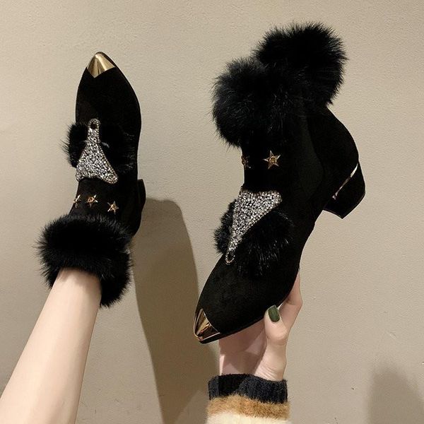 

women boots fashion metal decoration 2020winter warm ankle boots women comfortable zip med heel fur, Black