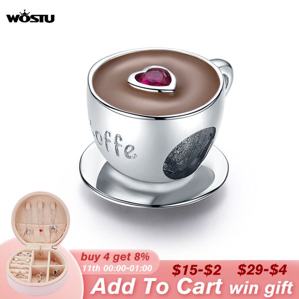 

wostu real 925 sterling cute heart coffee cup beads fit original silver charm bracelet jewelry cqc1286 q1106