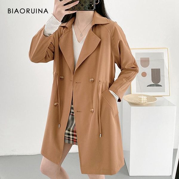 

biaoruina double breasted pleated adjustable waist solid elegant long trench coat turn-down collar fashion a-line outerwear1, Tan;black