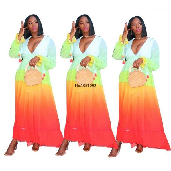 

holiday beach wear women dress with gradient color printed long flare sleeves lace-up loose dresses floor-length dress1, Black;gray
